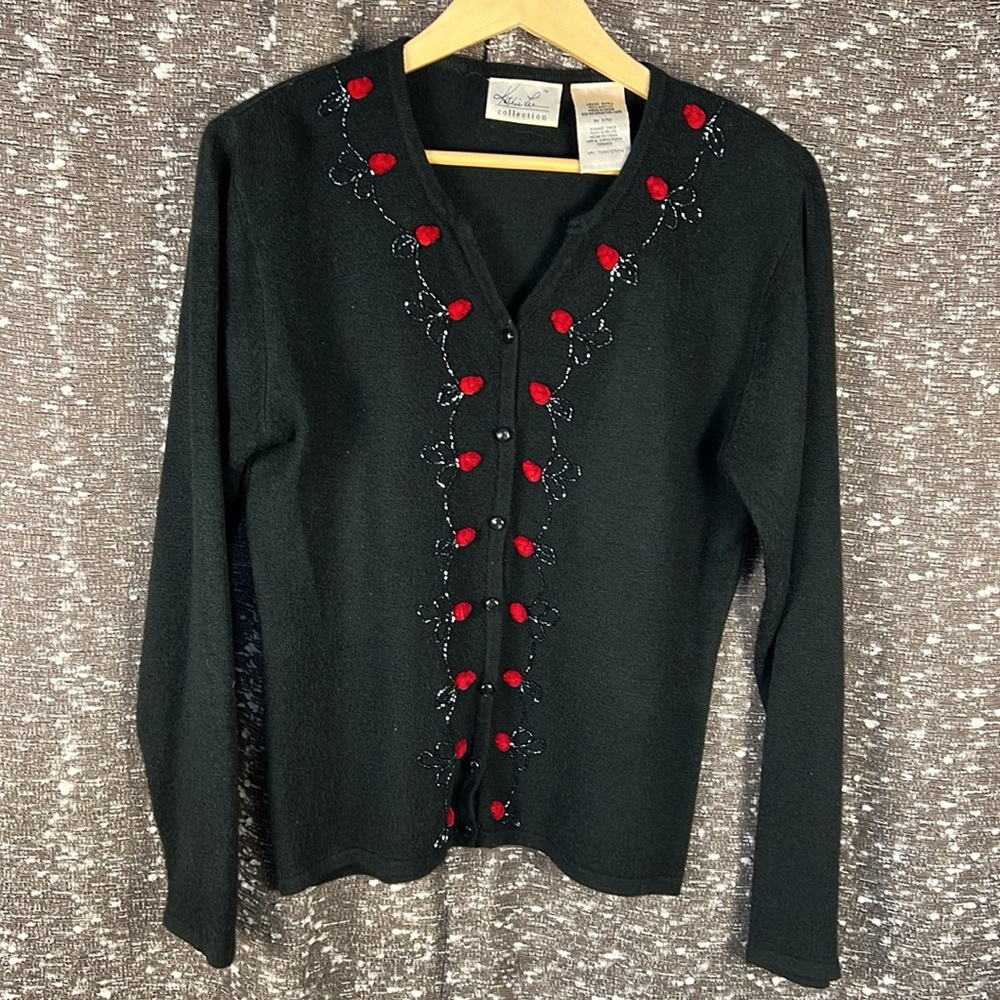 Kathy Lee Holiday Christmas‎ Sweater Cardigan Black with Red Accent Button Front